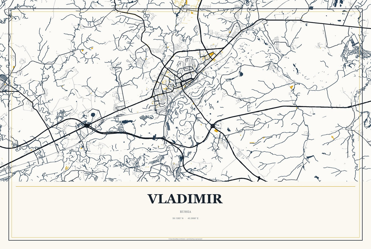 Vladimir, Russia City Map Aluminum Sign in Citrine Modern style