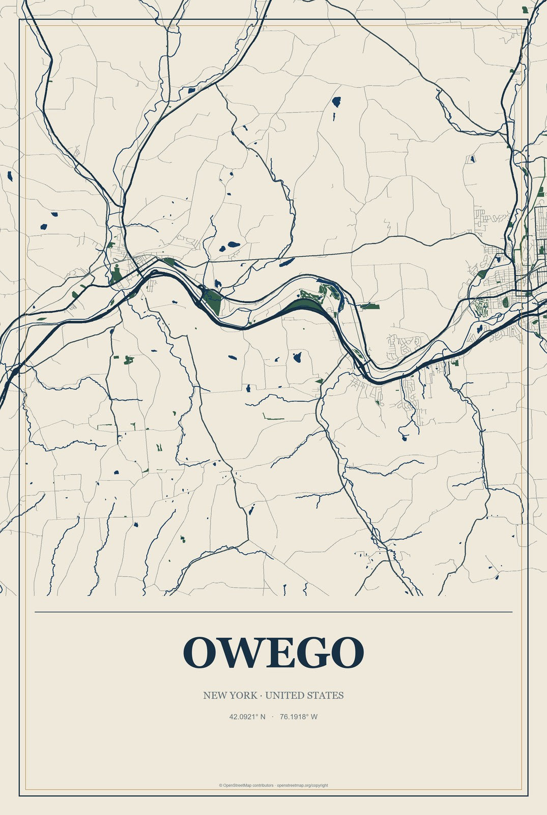 Owego, New York City Map Aluminum Sign in Coastal Cutout style