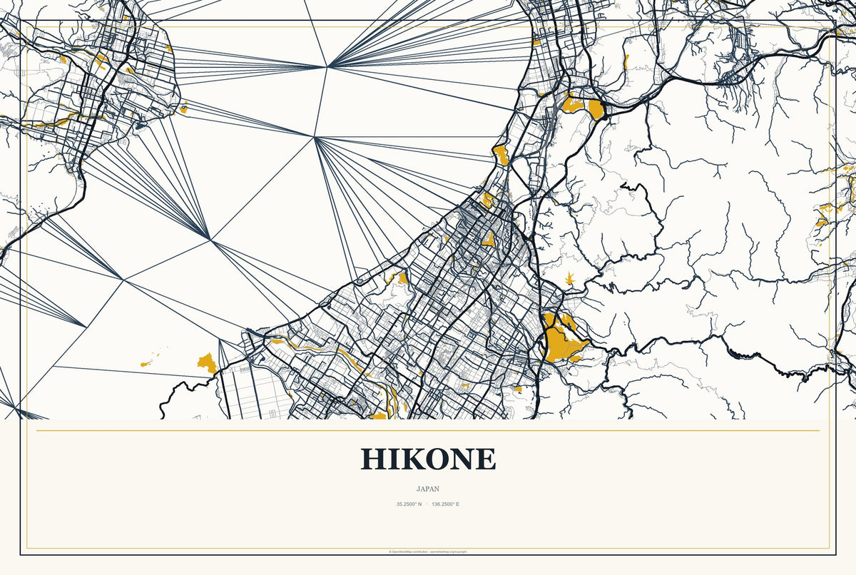 Hikone, Japan City Map Aluminum Sign in Citrine Modern style
