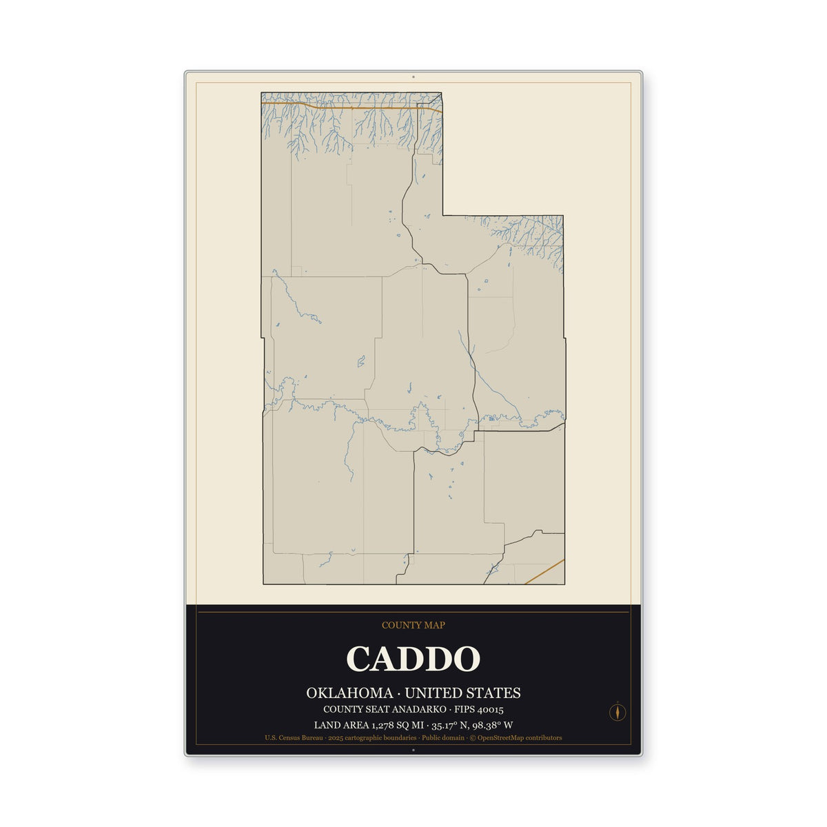 Caddo County, Oklahoma Map Aluminum Sign in Museum Plaque style