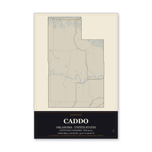 Caddo County, Oklahoma Map Aluminum Sign in Museum Plaque style