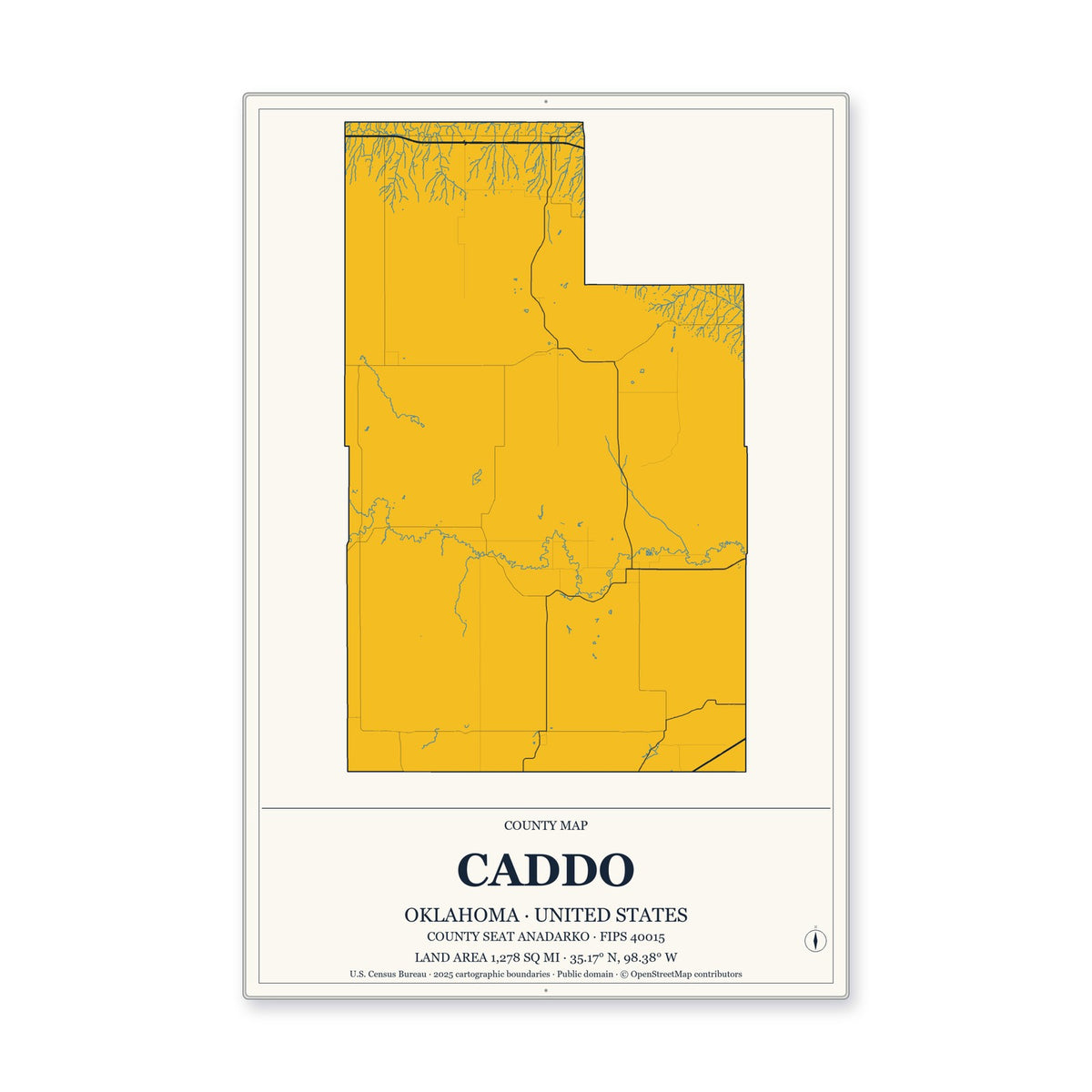 Caddo County, Oklahoma Map Aluminum Sign in Citrine Modern style