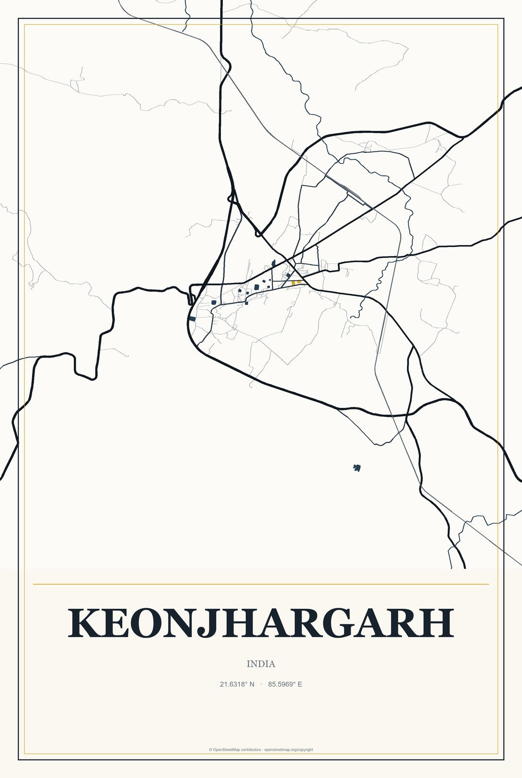 Keonjhargarh, India City Map Aluminum Sign in Citrine Modern style