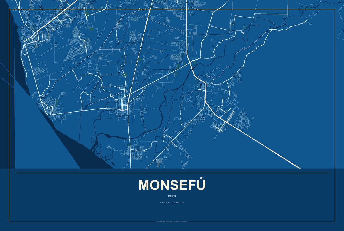 Monsefú, Peru City Map Aluminum Sign in Harbor Cobalt style