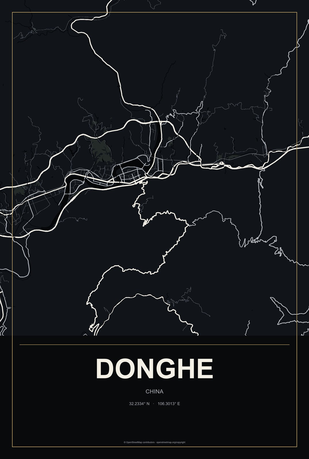 Donghe, Sichuan, China City Map Aluminum Sign in Metropolitan Noir style
