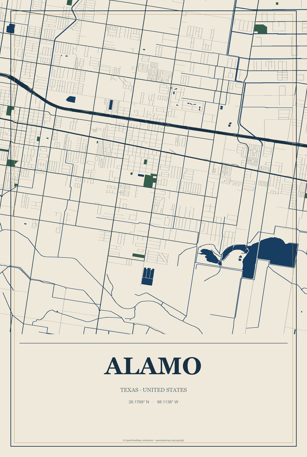 Alamo, Texas City Map Aluminum Sign in Coastal Cutout style