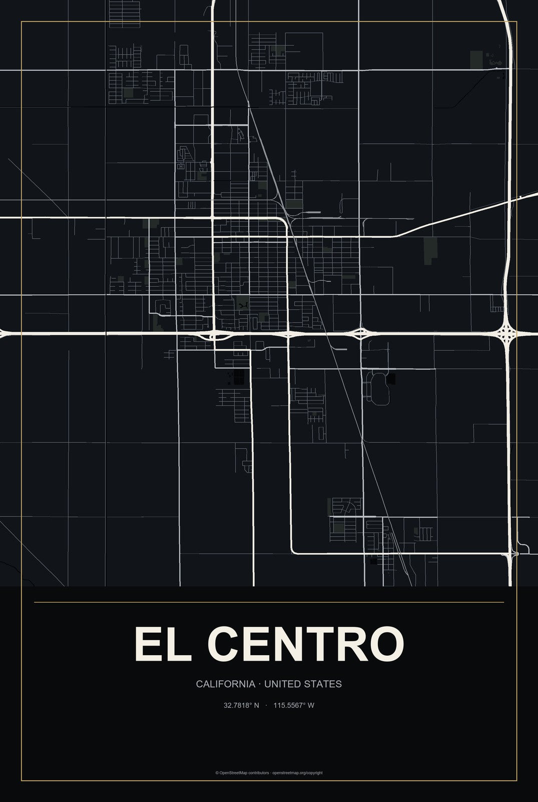 El Centro, California City Map Aluminum Sign in Metropolitan Noir style