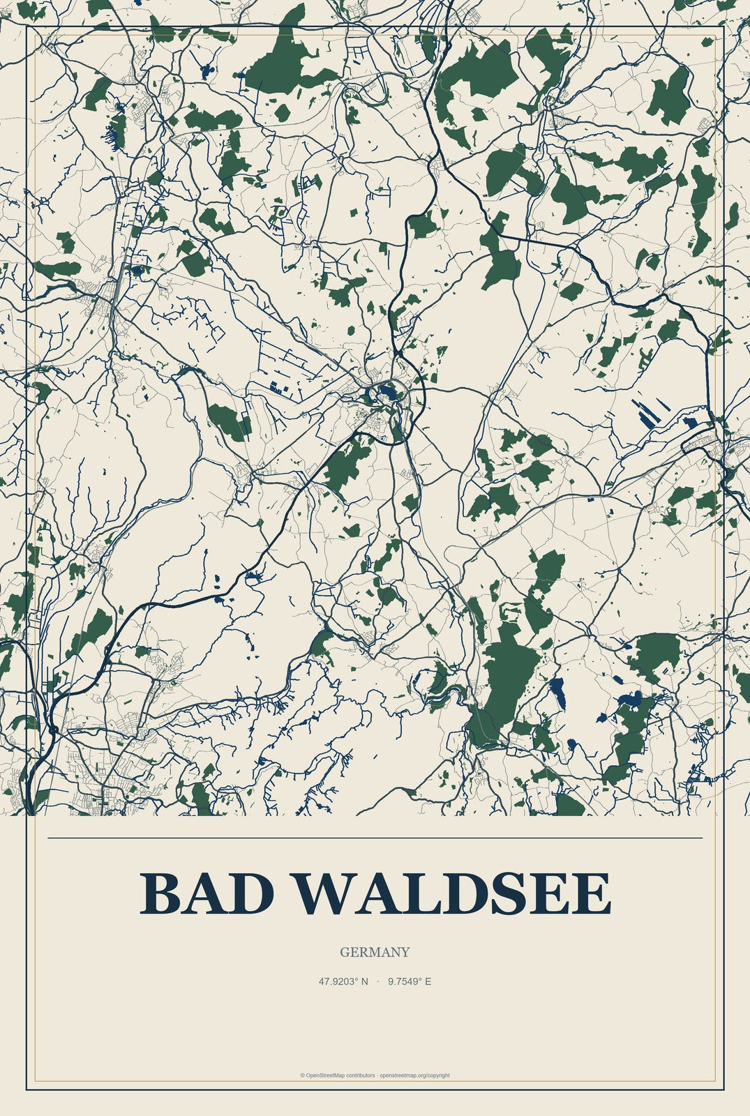 Bad Waldsee, Germany City Map Aluminum Sign in Coastal Cutout style