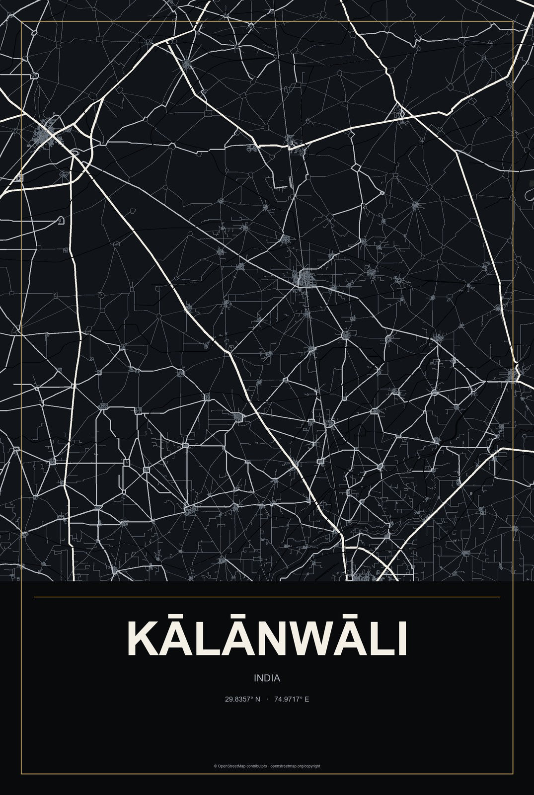 Kālānwāli, India City Map Aluminum Sign in Metropolitan Noir style