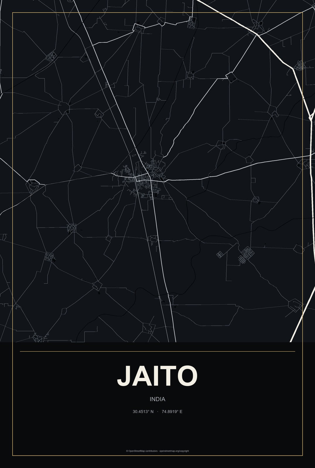 Jaito, India City Map Aluminum Sign in Metropolitan Noir style