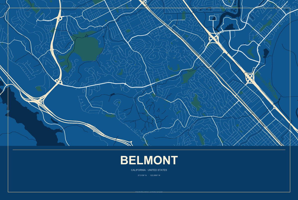 Belmont, California City Map Aluminum Sign in Harbor Cobalt style