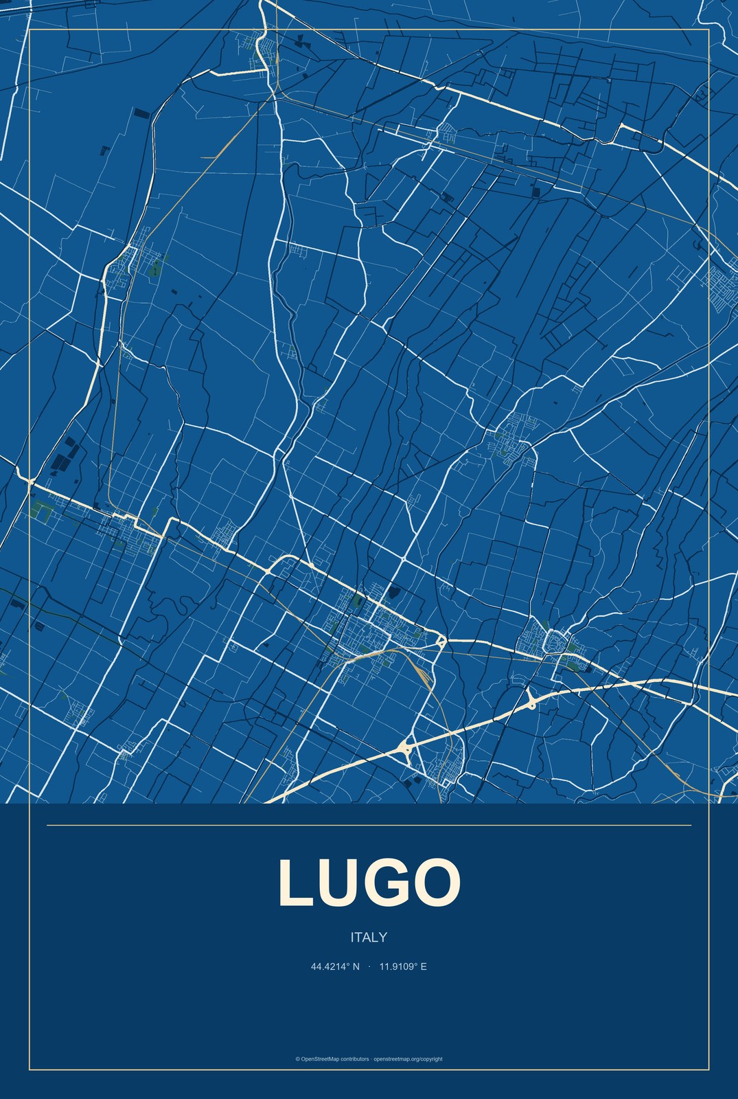 Lugo, Italy City Map Aluminum Sign in Harbor Cobalt style