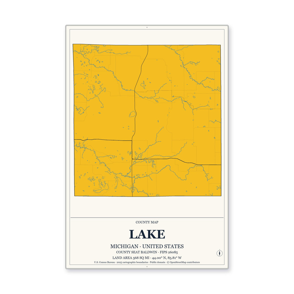 Lake County, Michigan Map Aluminum Sign in Citrine Modern style