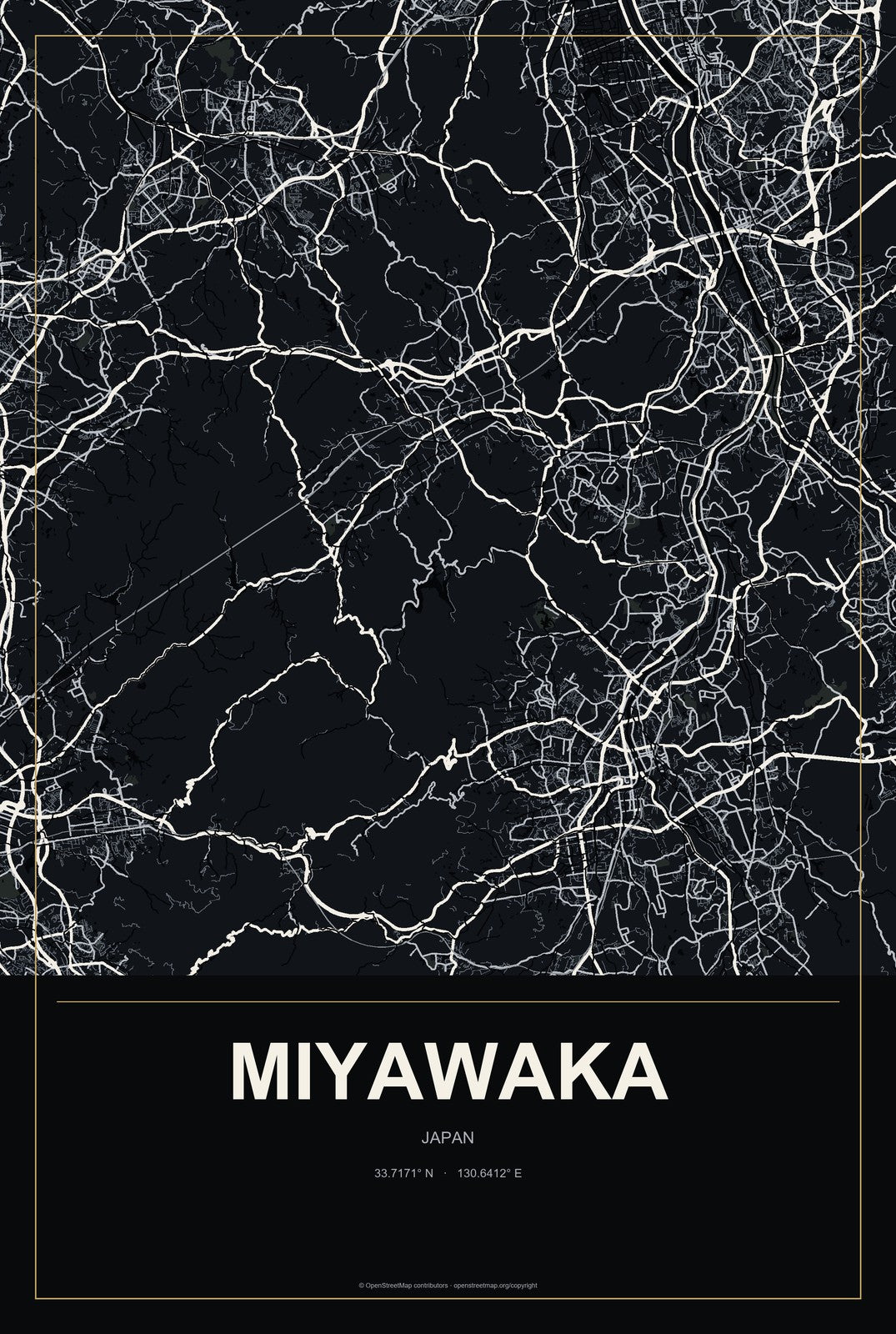 Miyawaka, Japan City Map Aluminum Sign in Metropolitan Noir style