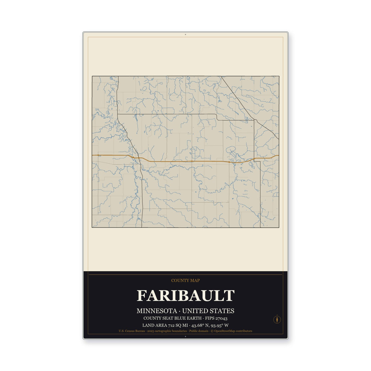 Faribault County, Minnesota Map Aluminum Sign in Museum Plaque style