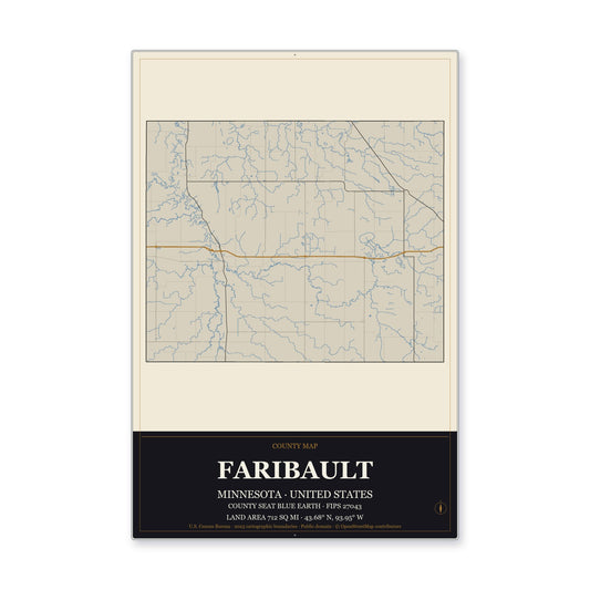 Faribault County, Minnesota Map Aluminum Sign in Museum Plaque style