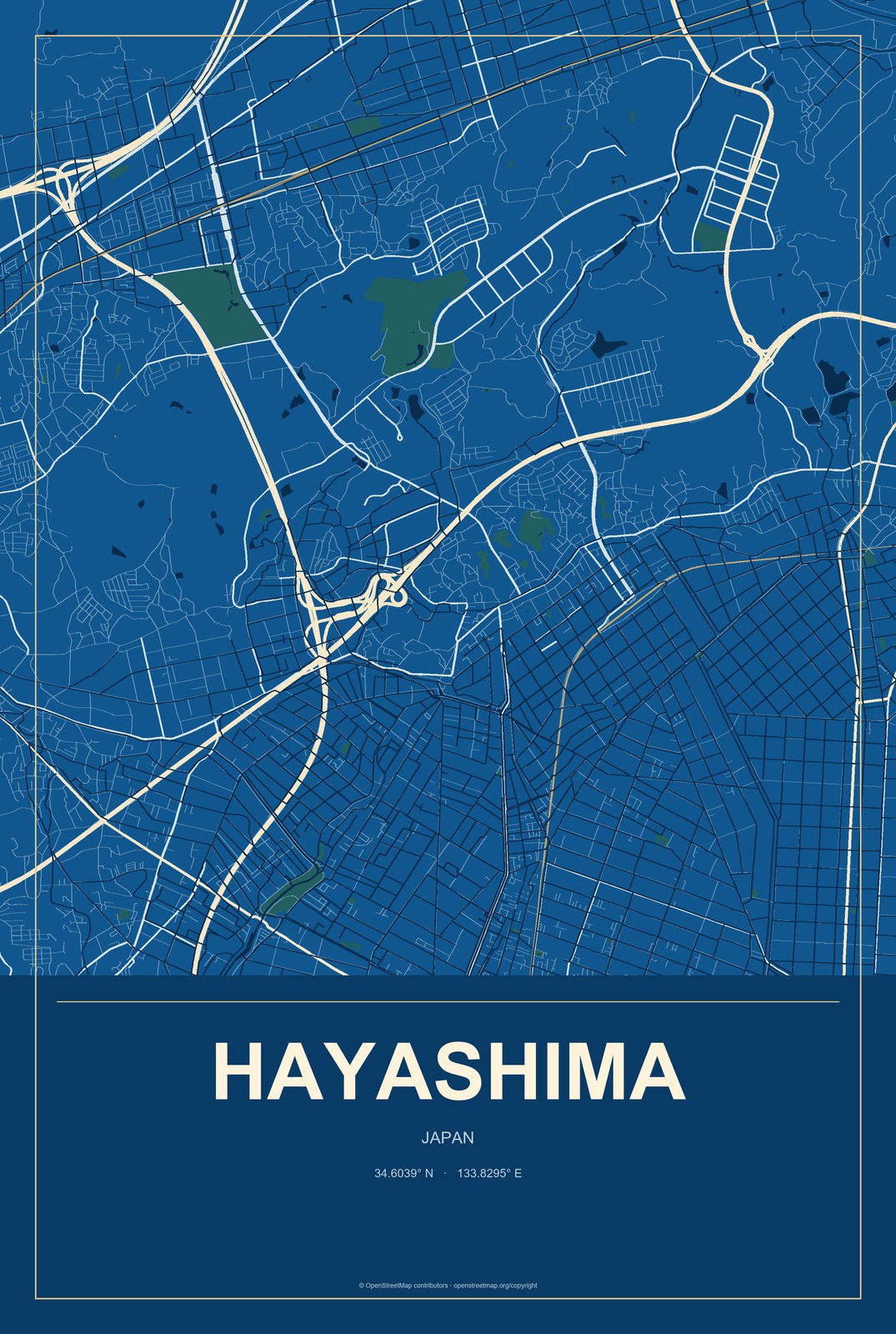 Hayashima, Japan City Map Aluminum Sign in Harbor Cobalt style