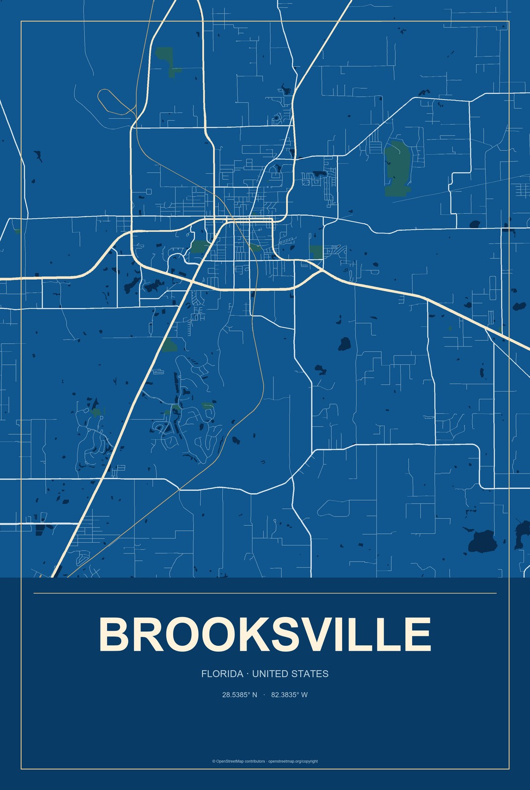 Brooksville, Florida City Map Aluminum Sign in Harbor Cobalt style