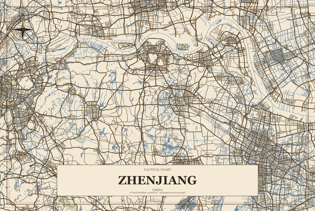 Zhenjiang, China City Map Aluminum Sign in Heritage Nautical style