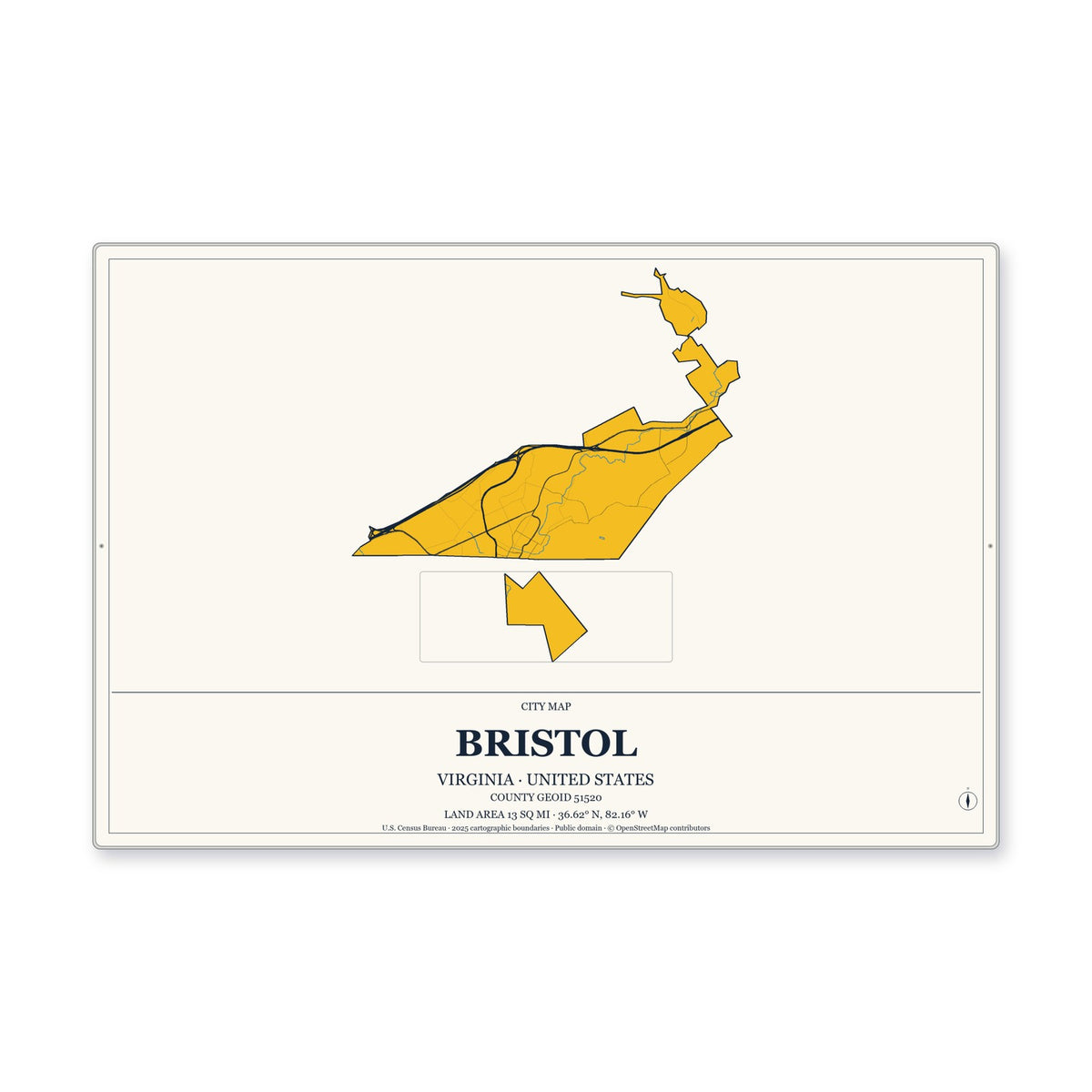 Bristol city, Virginia Map Aluminum Sign in Citrine Modern style