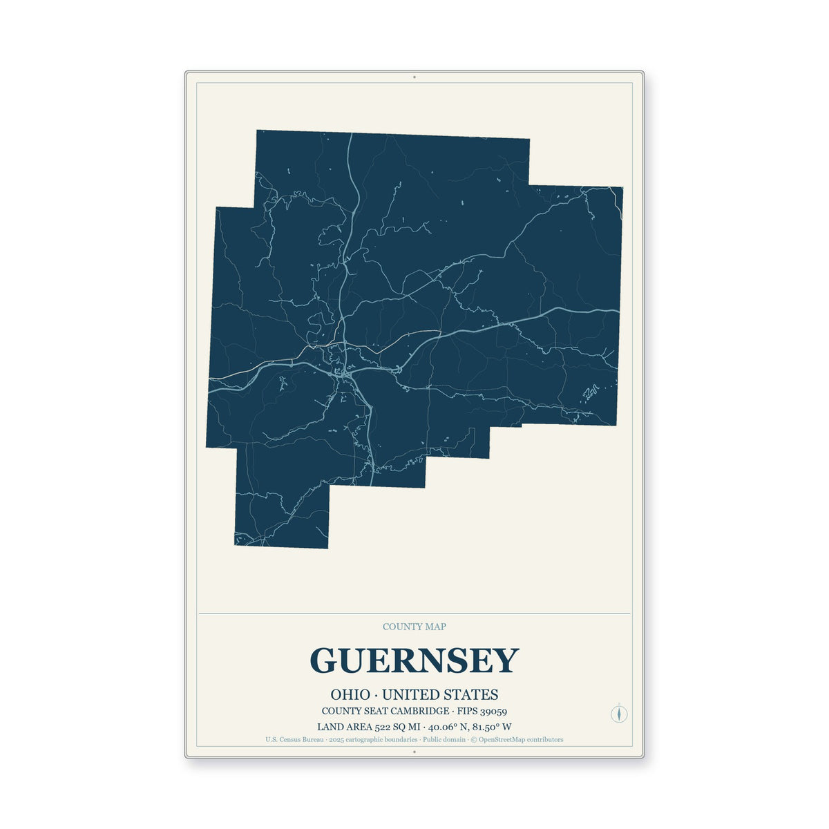 Guernsey County, Ohio Map Aluminum Sign in Coastal Cutout style