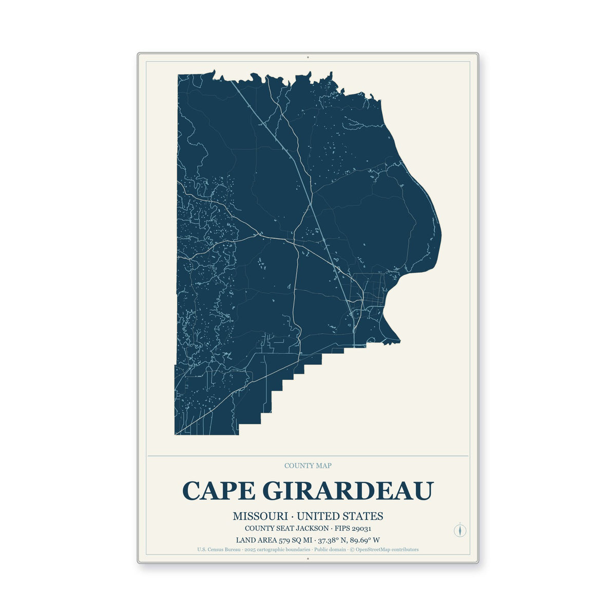 Cape Girardeau County, Missouri Map Aluminum Sign in Coastal Cutout style
