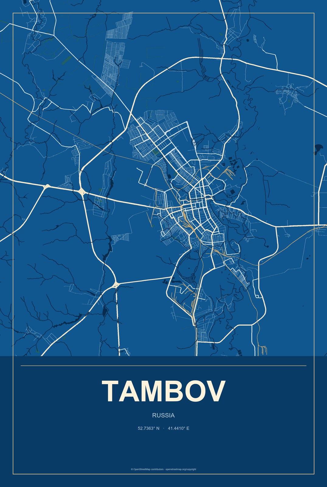Tambov, Russia City Map Aluminum Sign in Harbor Cobalt style