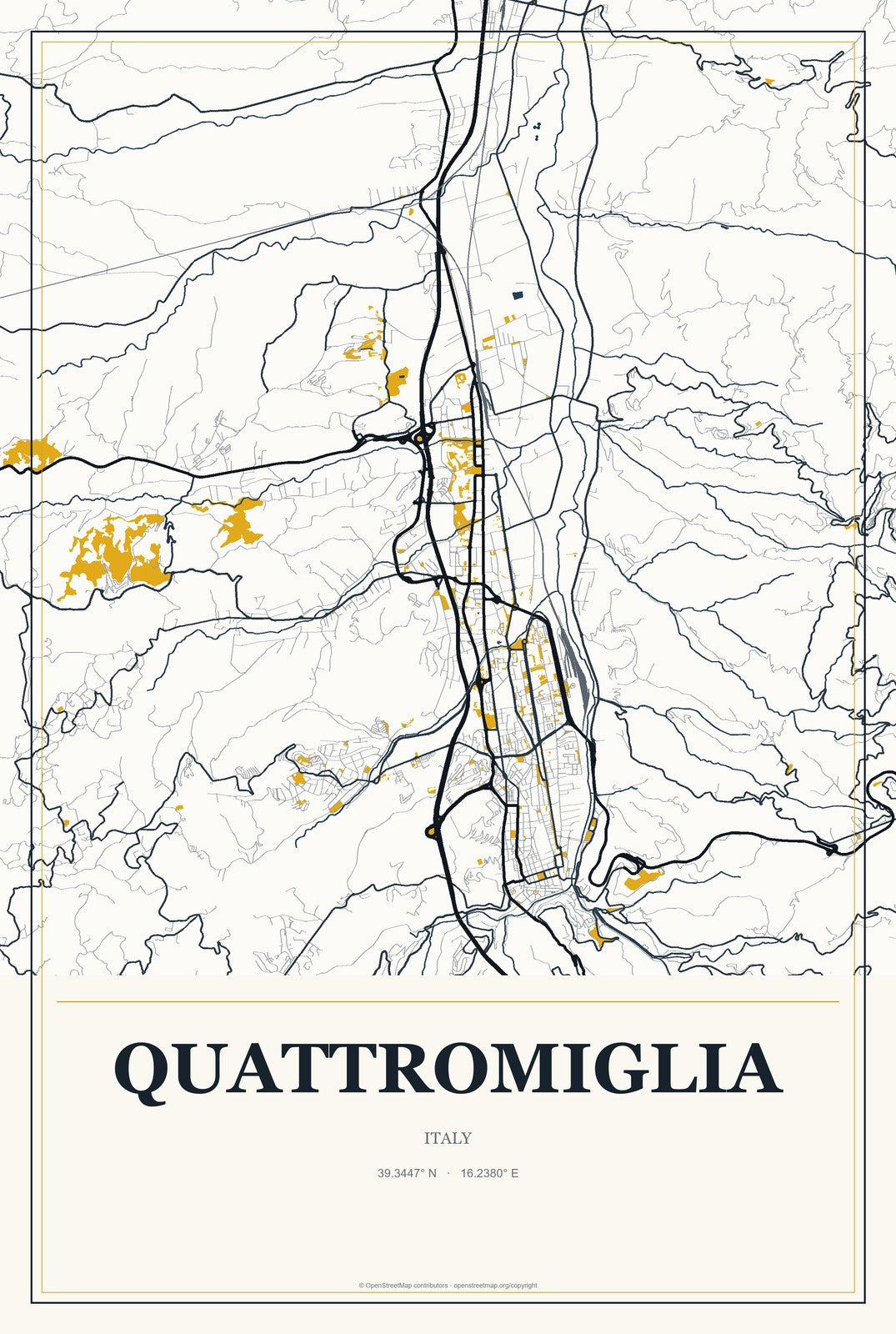 Quattromiglia, Italy City Map Aluminum Sign in Citrine Modern style