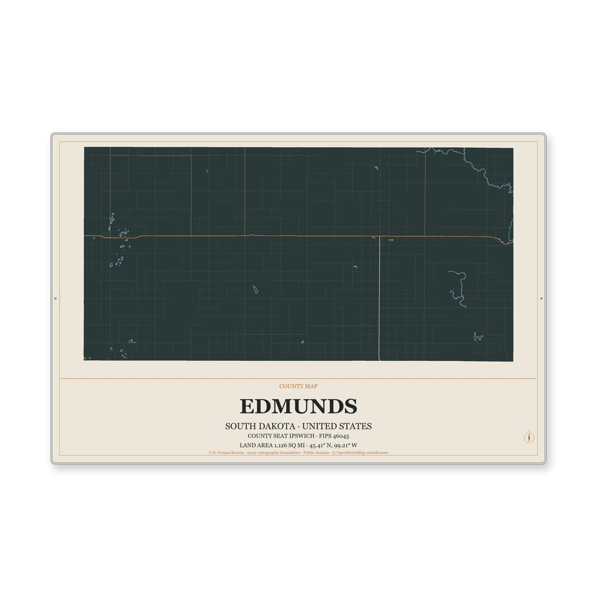 Edmunds County, South Dakota Map Aluminum Sign in Headline Atlas style