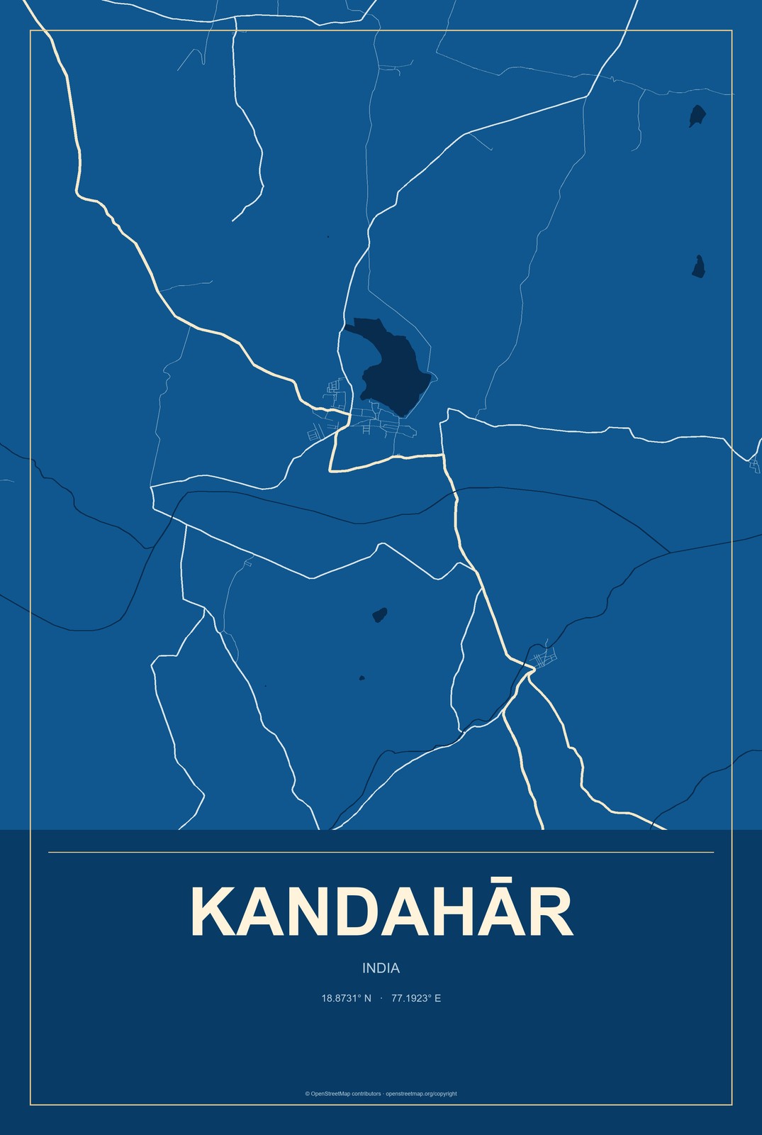 Kandahār, India City Map Aluminum Sign in Harbor Cobalt style