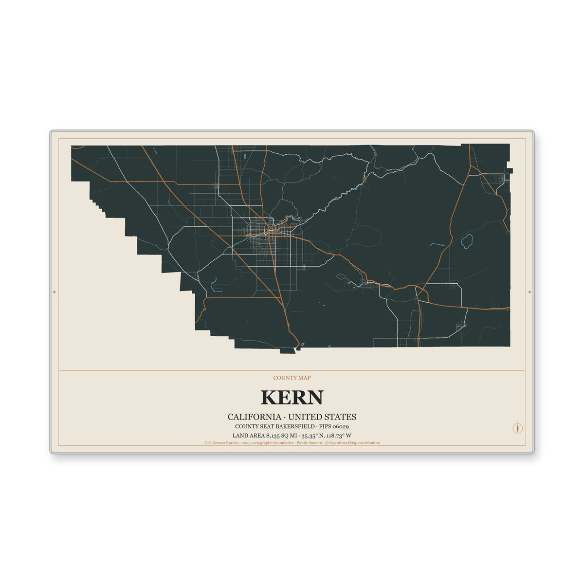Kern County, California Map Aluminum Sign in Headline Atlas style