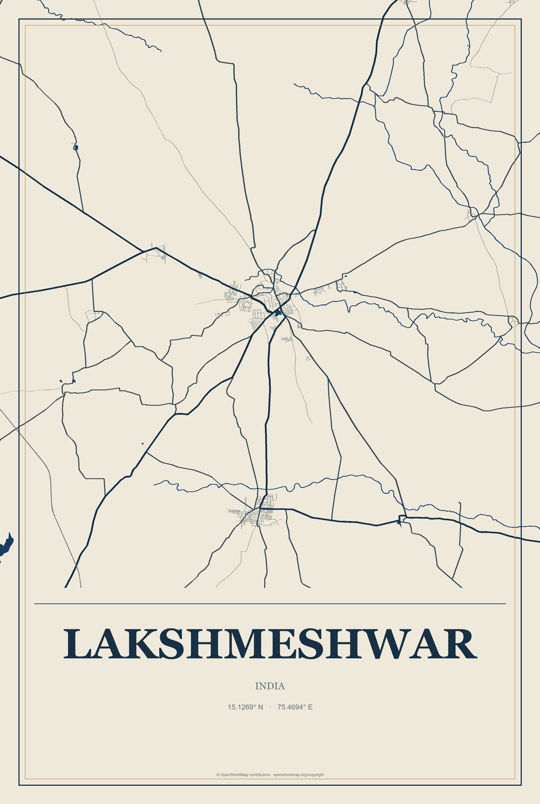Lakshmeshwar, India City Map Aluminum Sign in Coastal Cutout style