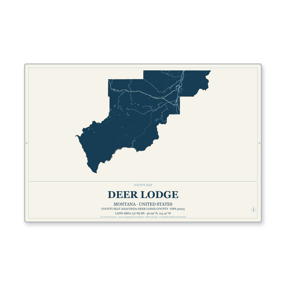Deer Lodge County, Montana Map Aluminum Sign in Coastal Cutout style