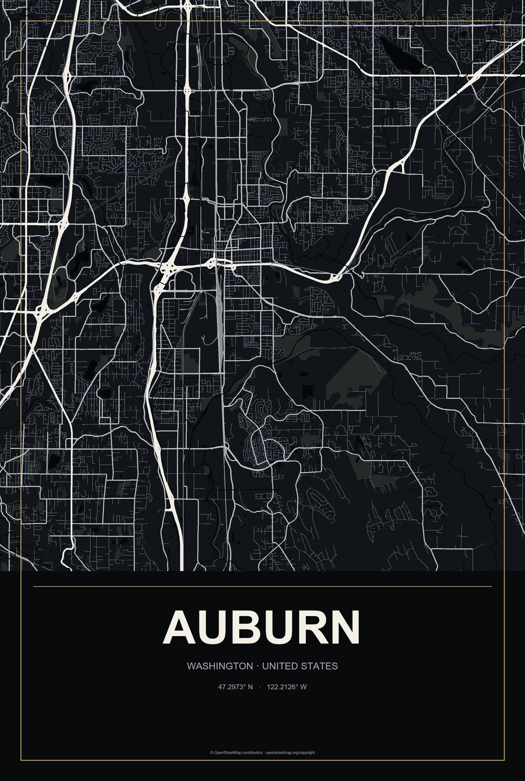 Auburn, Washington City Map Aluminum Sign in Metropolitan Noir style