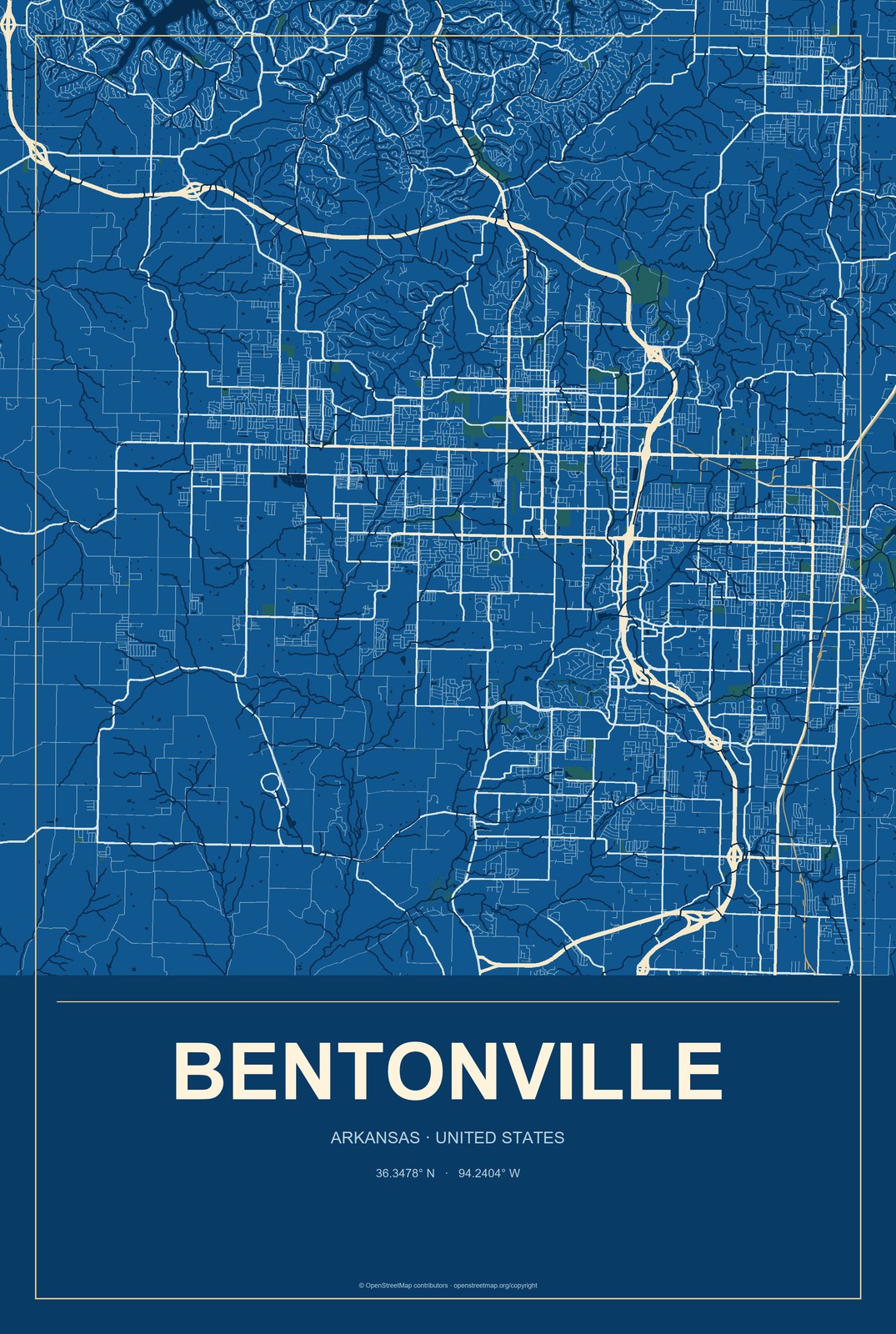 Bentonville, Arkansas City Map Aluminum Sign in Harbor Cobalt style