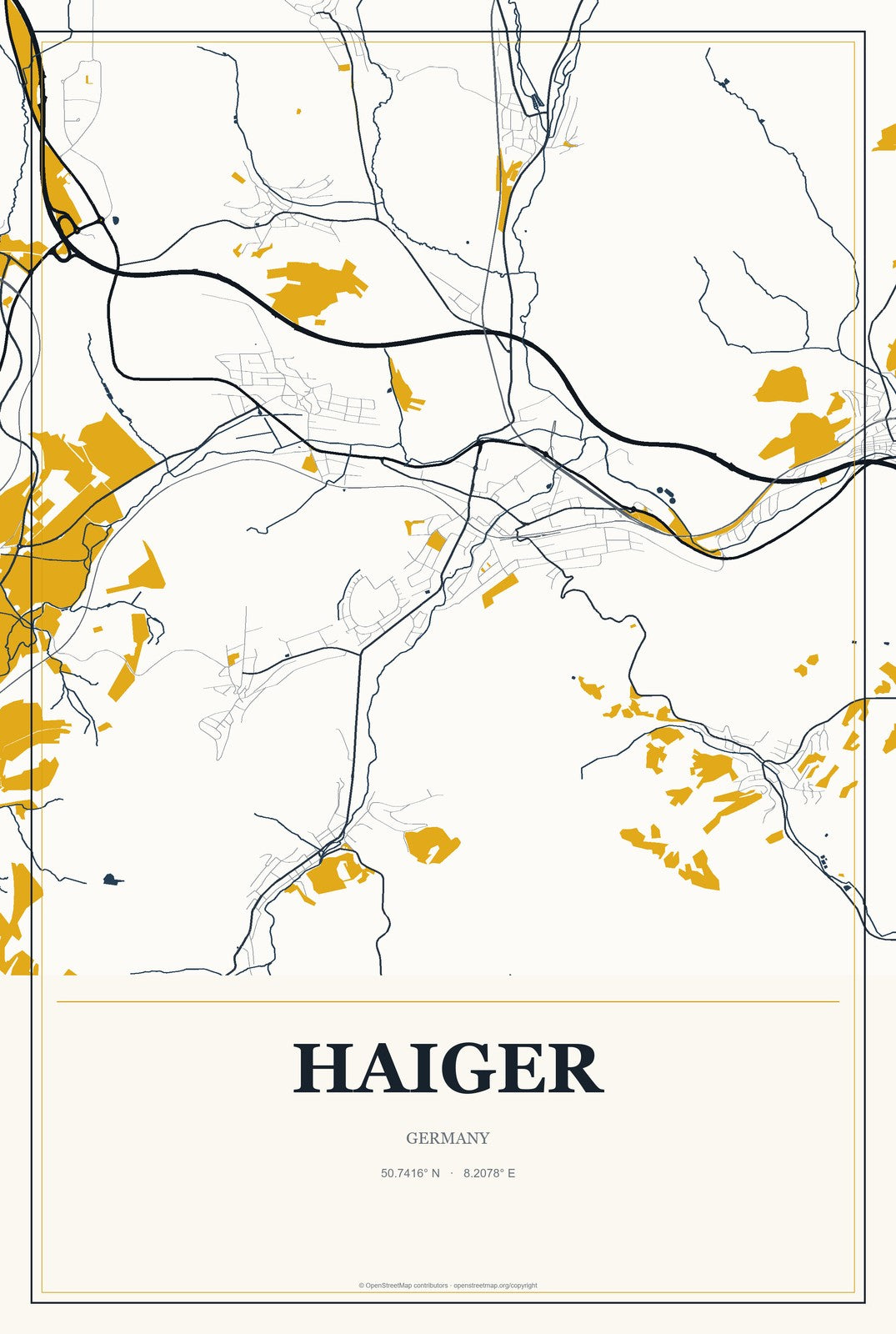 Haiger, Germany City Map Aluminum Sign in Citrine Modern style