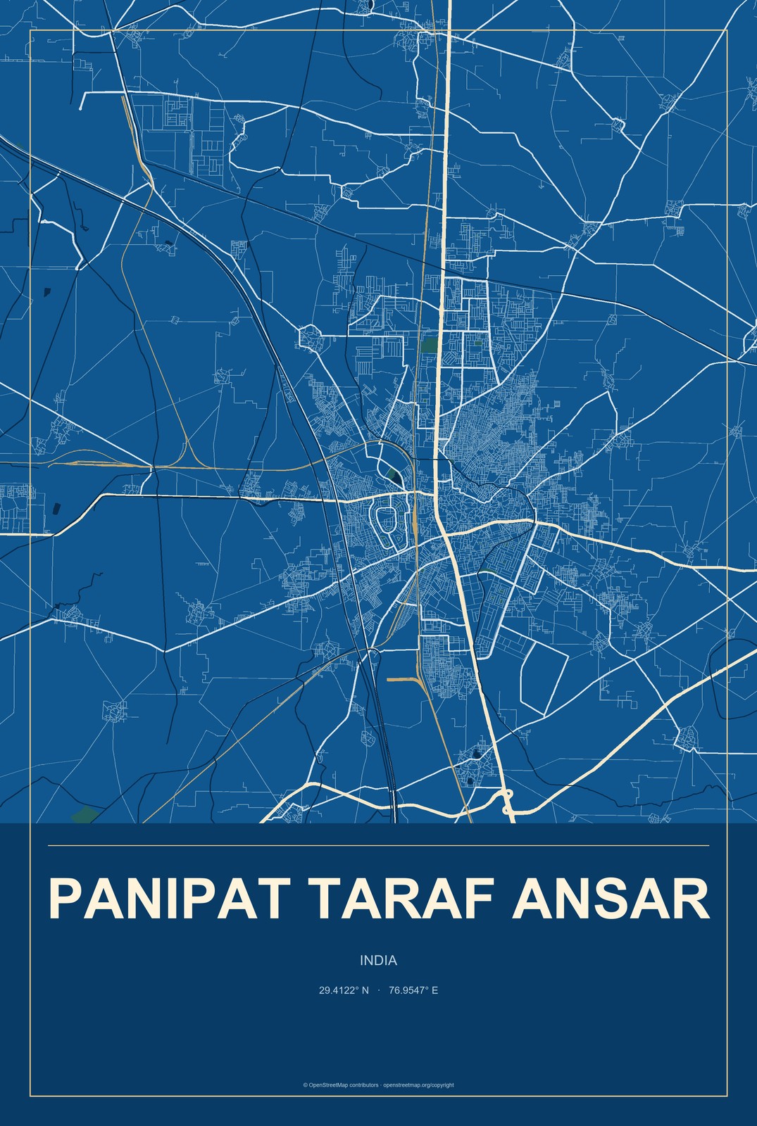 Panipat Taraf Ansar, India City Map Aluminum Sign in Harbor Cobalt style