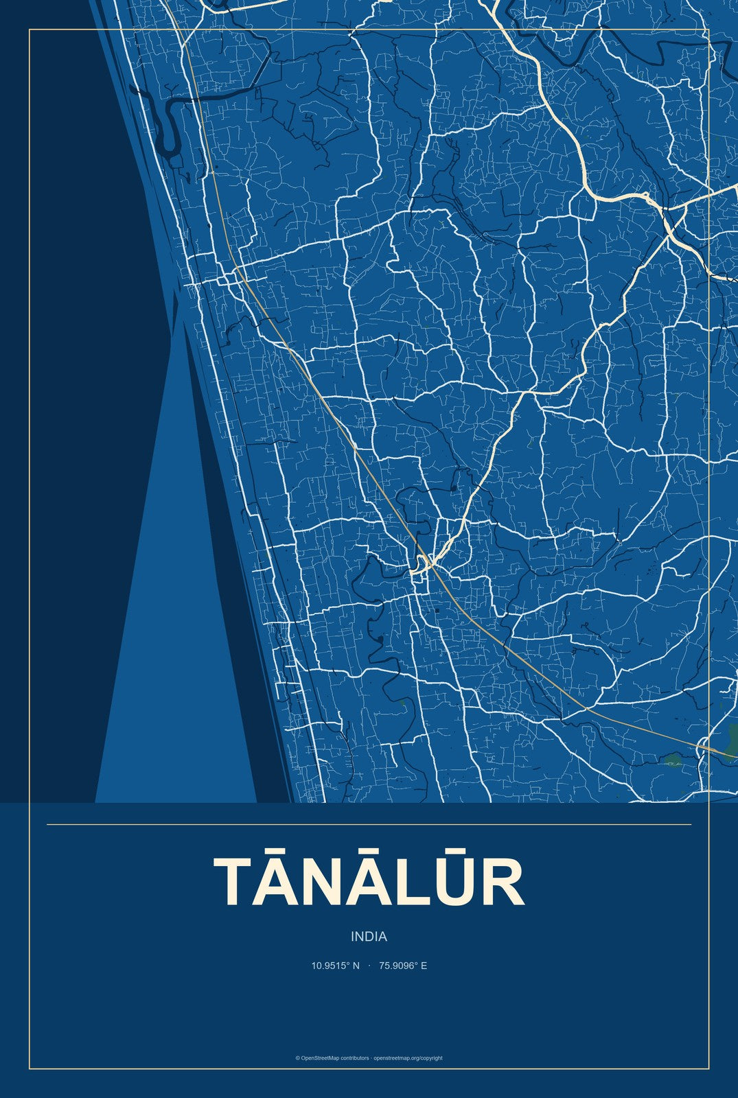 Tānālūr, India City Map Aluminum Sign in Harbor Cobalt style