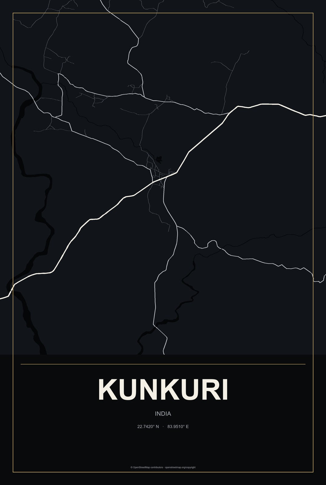Kunkuri, India City Map Aluminum Sign in Metropolitan Noir style