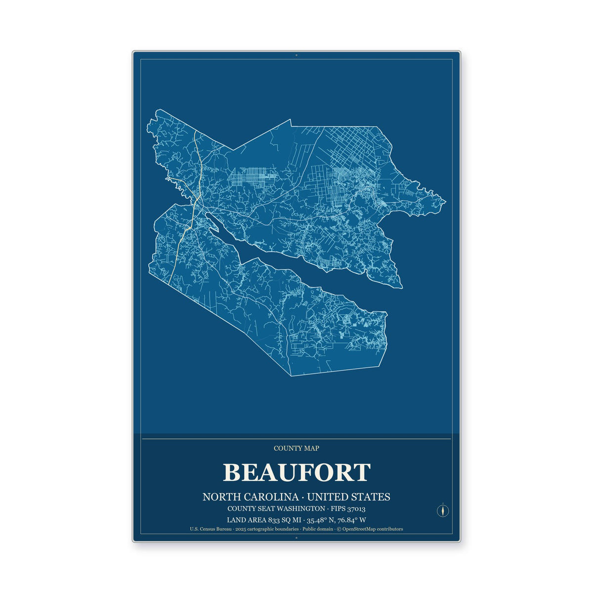 Beaufort County, North Carolina Map Aluminum Sign in Harbor Cobalt style