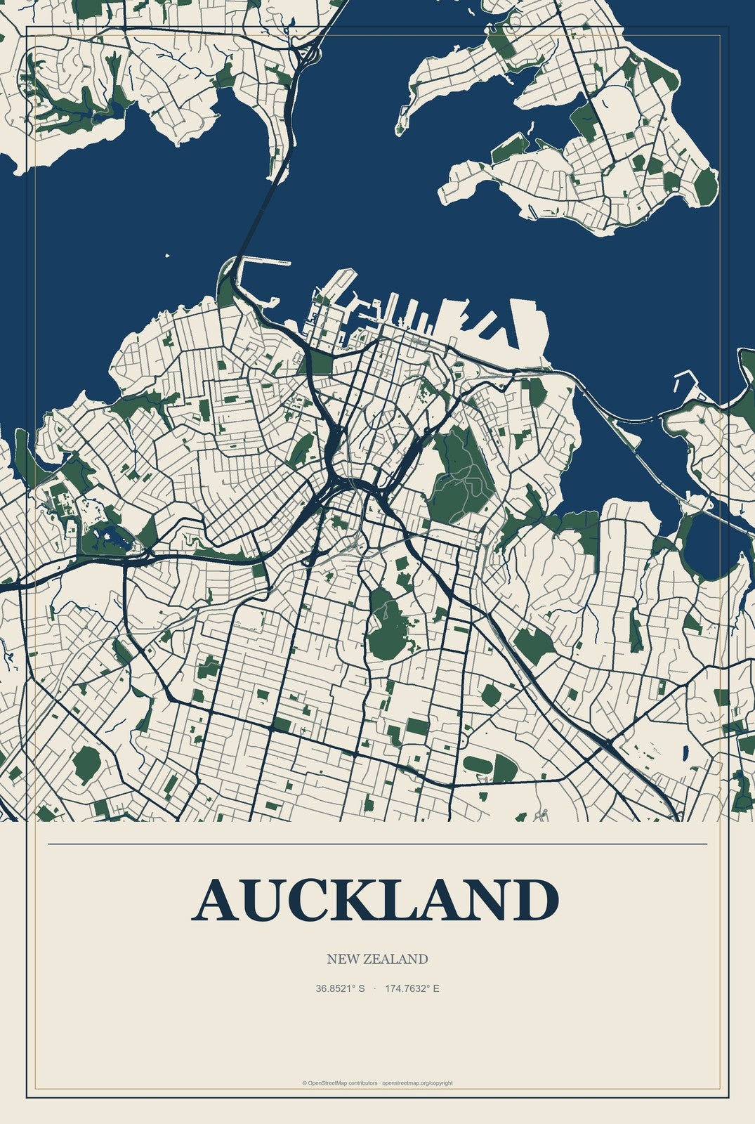 Auckland, New Zealand City Map Aluminum Sign in Coastal Cutout style