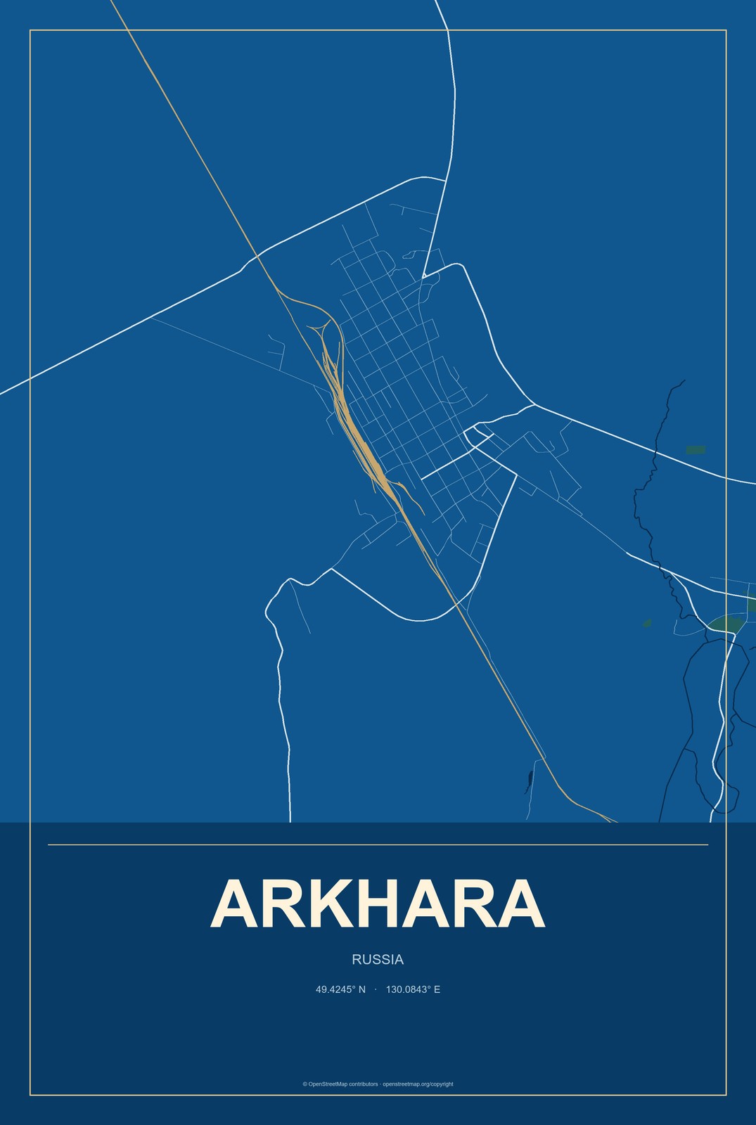 Arkhara, Russia City Map Aluminum Sign in Harbor Cobalt style