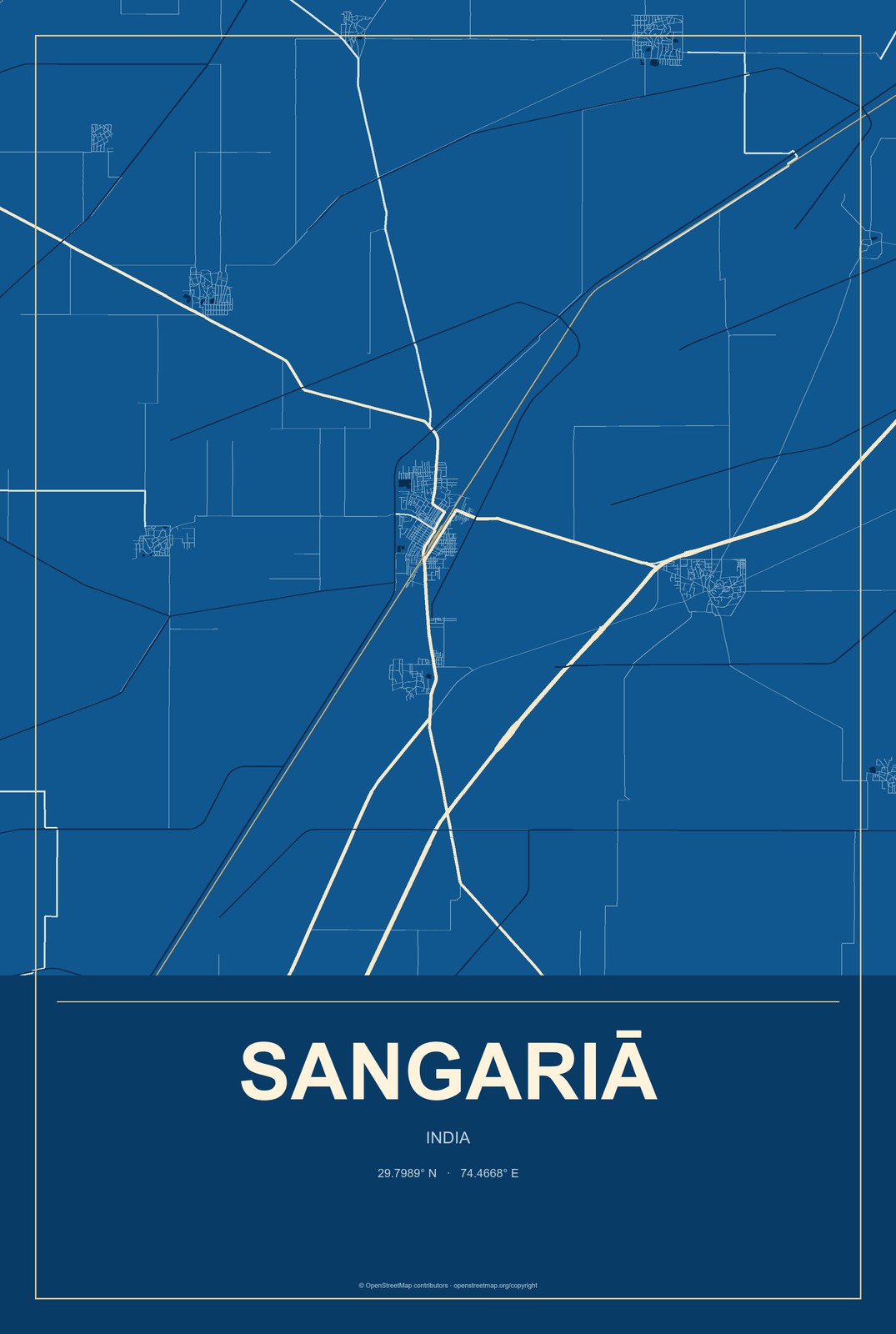 Sangariā, India City Map Aluminum Sign in Harbor Cobalt style