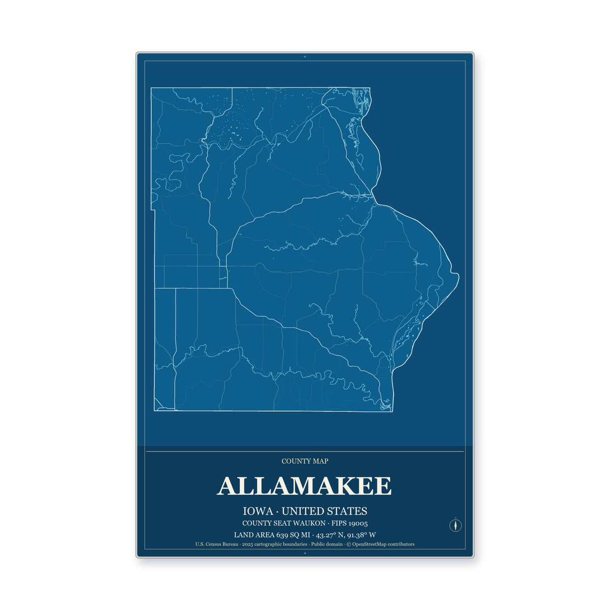 Allamakee County, Iowa Map Aluminum Sign in Harbor Cobalt style