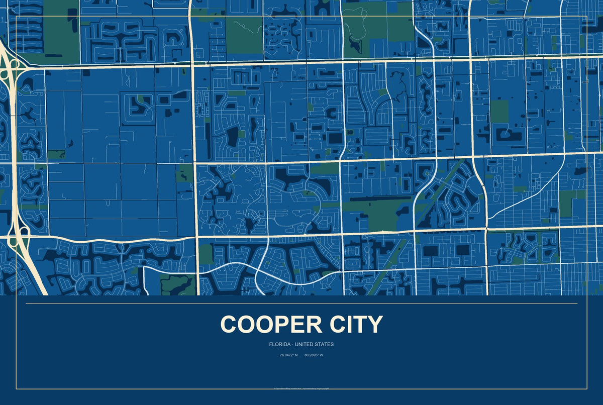 Cooper City, Florida City Map Aluminum Sign in Harbor Cobalt style