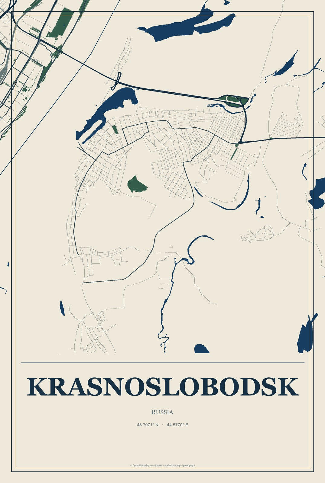 Krasnoslobodsk, Mordoviya Republic, Russia City Map Aluminum Sign in Coastal Cutout style