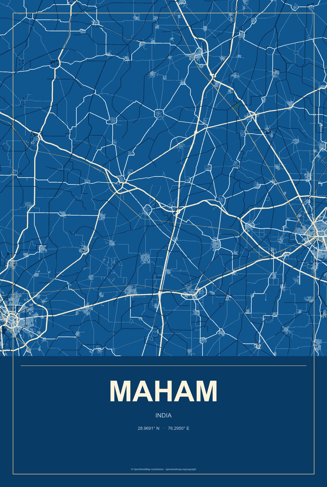 Maham, India City Map Aluminum Sign in Harbor Cobalt style