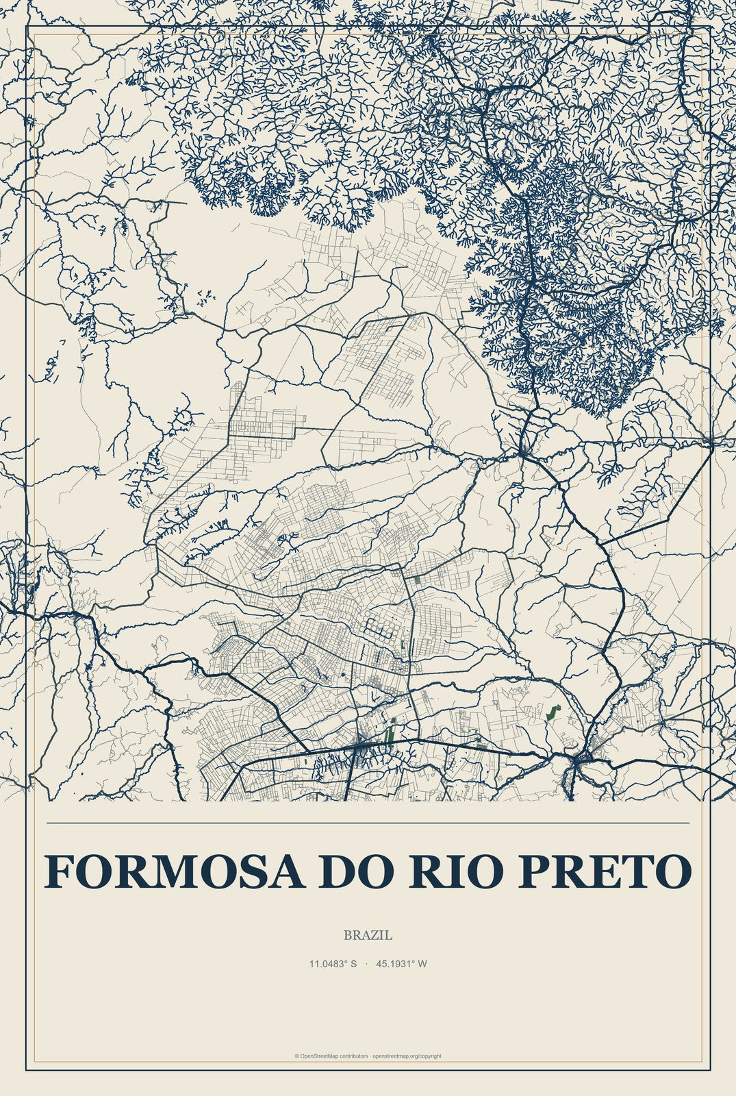 Formosa do Rio Preto, Brazil City Map Aluminum Sign in Coastal Cutout style