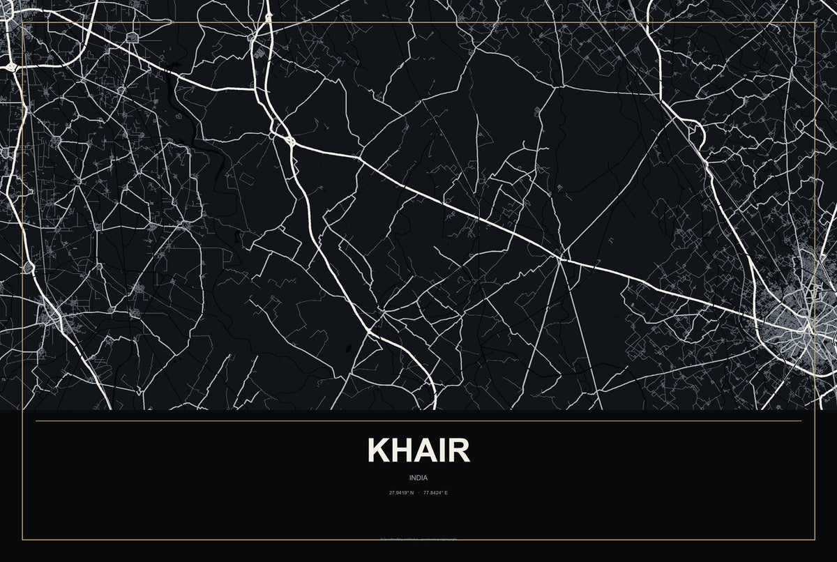 Khair, India City Map Aluminum Sign in Metropolitan Noir style