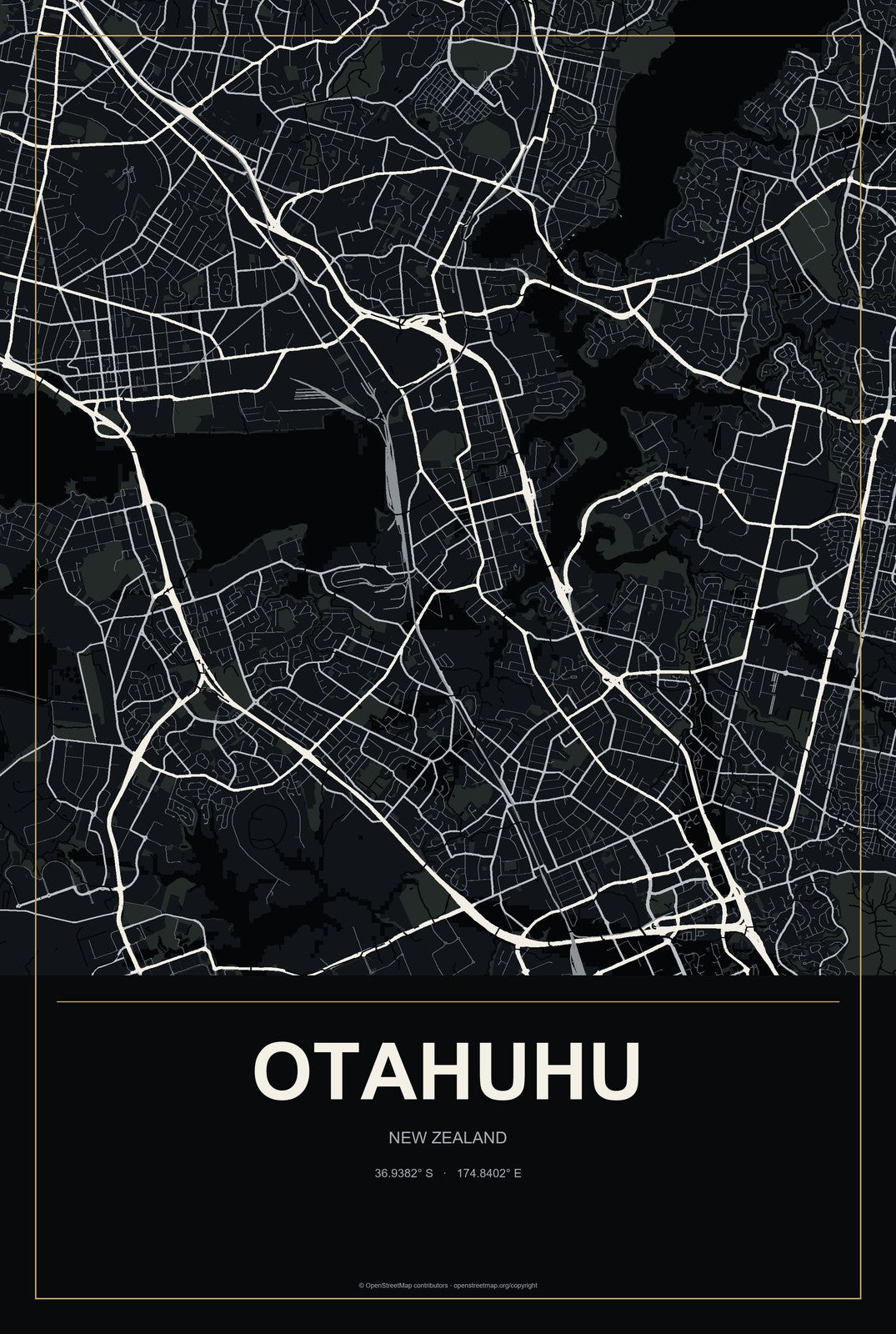 Otahuhu, New Zealand City Map Aluminum Sign in Metropolitan Noir style